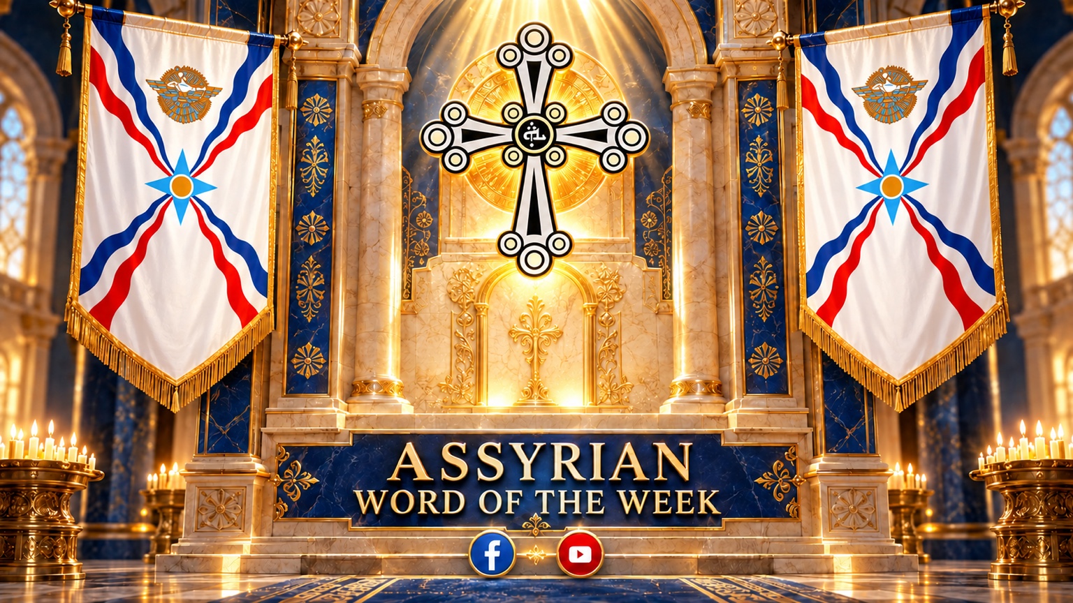 Assyrian Word of The Week, framed by two complete Assyrian flags and the Church of the East cross in a royal blue and gold sanctuary.